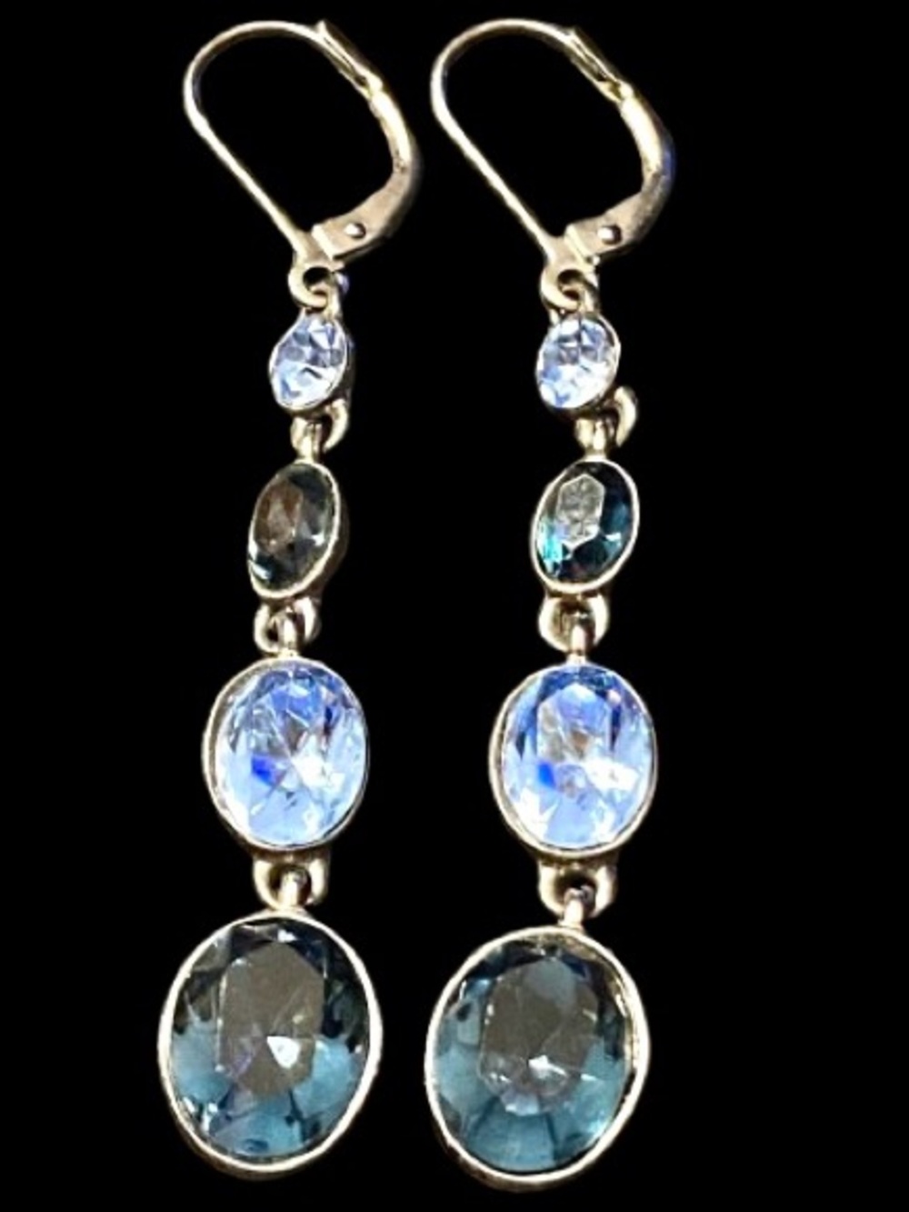 VTG Givenchy Multi-Shade Blue Crystal Linear Drop Dangle Earrings Gun-Metal